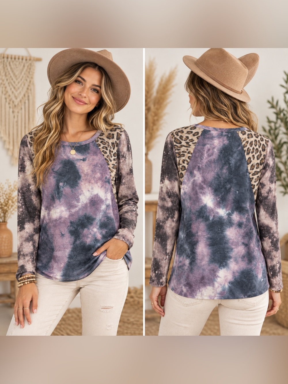 BiBi Tie-Dye Leopard Raglan Long Sleeve Top - Purple & Gray